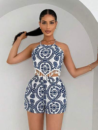 SXY مجموعة مكونة من بدلة مكونة من ملابس علوية الصدر والسروال القصير لوقت الفراغ للسيدات مع طباعة كاملة و نهايات مزينة بالشراشيب و سحاب شد خلفي و قلادة رقبة