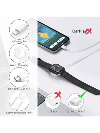 كابل شحن مغناطيسي 3.3 قدم/ 100 سم متوافق 2 في 1 مع Type-C و ساعة آبل، شحن سريع متوافق مع هواتف آيفون والإصدارات من ساعات آبل 8/7/6/SE/5/4/3/2/1، مناسب للمكتب والمنزل والإقامة