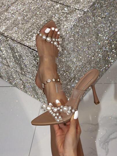 صنادل نسائية عالية الكعب بكعب شفاف وديكور باللؤلؤ، صنادل نسائية عالية الكعب بأطراف مدببة بسيطة ومريحة وعصرية لحفلات الصيف