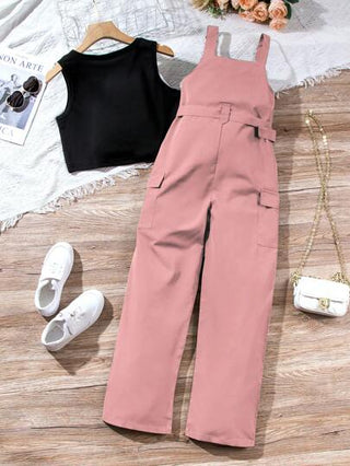 تيشيرتات بناتي مجموعة طقم من قطعتين صيفية عارضة للفتيات الصغيرات - بنطال واسع للعمل وسترة بدون أكمام بيضاء ذات رقبة دائرية