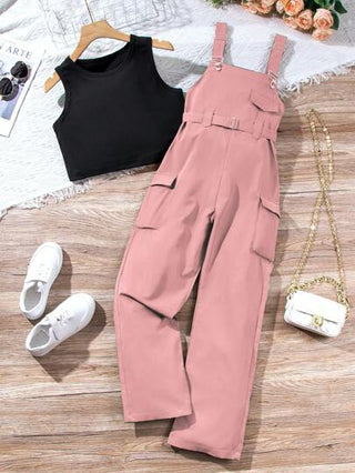 تيشيرتات بناتي مجموعة طقم من قطعتين صيفية عارضة للفتيات الصغيرات - بنطال واسع للعمل وسترة بدون أكمام بيضاء ذات رقبة دائرية