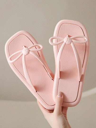 صندل نسائي بشريحة بلاستيكية ، صندل صيفي أنيق بعقدة فراشة ،صندل مريح مانع للانزلاق بفتحة مربعة، صندل شاطئ مسطح كاجوال للفتيات الشابات