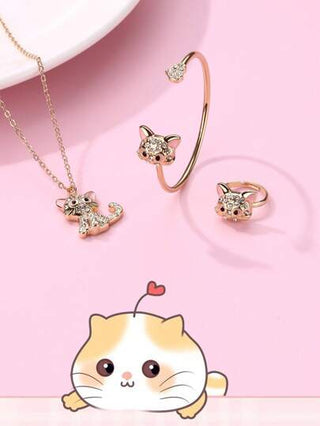 مجموعة من العناصر تتضمن قلادة 1 قطعة + سوار 1 قطعة + خاتم 1 قطعة للفتيات،مجوهرات بشكل قطة وردية لطيفة من سبيكة الزنك مطلي بالذهب مع ماسة أكريليك شفافة، مناسبة للارتداء اليومي.