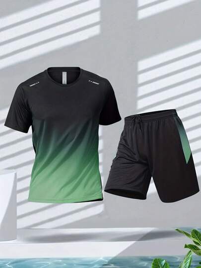 بذلة رياضية للرجال بأسلوب صديق سراويل وقميص رياضي قصير الأكمام من قماش الحرير الطبيعي سريع الجفاف، بذلة رياضية للجيم، بذلة رياضية بأسلوب صديق مكونة من قطعتين، بذلة رياضية للرجال