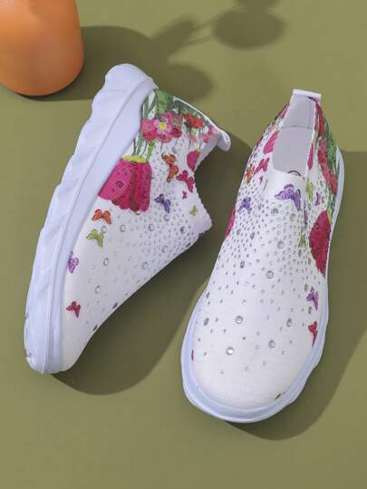أحذية رياضية كاجوال خارجية مريحة ذات بطانة شبكية مع تصميم مزخرف بالزهور والرينستون مدببة الأصابع، منتج جديد للتصدير عبر الحدود