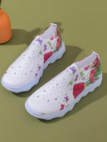 أحذية رياضية كاجوال خارجية مريحة ذات بطانة شبكية مع تصميم مزخرف بالزهور والرينستون مدببة الأصابع، منتج جديد للتصدير عبر الحدود