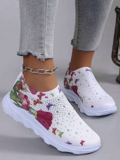 أحذية رياضية كاجوال خارجية مريحة ذات بطانة شبكية مع تصميم مزخرف بالزهور والرينستون مدببة الأصابع، منتج جديد للتصدير عبر الحدود