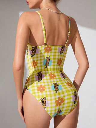 مايوه حريمي قطعة واحدة SCOOBY-DOO X قطعة واحدة من ملابس السباحة للنساء المطبوعة بنقشة الكارو الأصفر والزهور واللوحات الكرتونية الجميلة