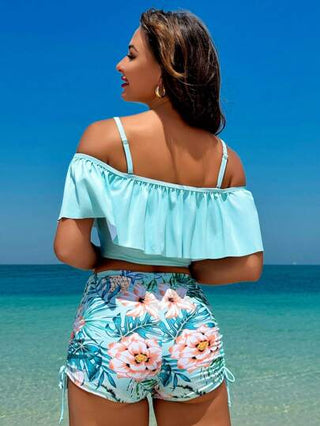 طقم تانكيني حريمي Swim Lushoire ملابس علوية نسائية مع تفصيل كتف عاري مزينة بحاشية متموجة وشورت سباحة بطبعات زهور، مناسبة لقضاء العطلات الصيفية على الشاطئ