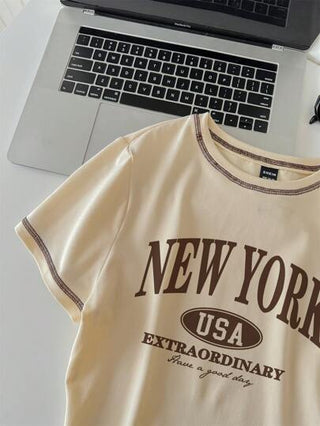 EZwear بلوزة نسائية صيفية قصيرة الأكمام، قوالب نيويورك المصغرة العفوية، رقبة دائرية، مطابقة حجم الجسم