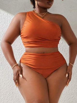 SHEIN Slayr CURVE مجموعة تانكيني واسعة الحجم للسيدات بلون صلب مع رش يمكن تجميعه على الكتف الواحد لإرتداء ملابس السباحة طوال فترة الإجازة