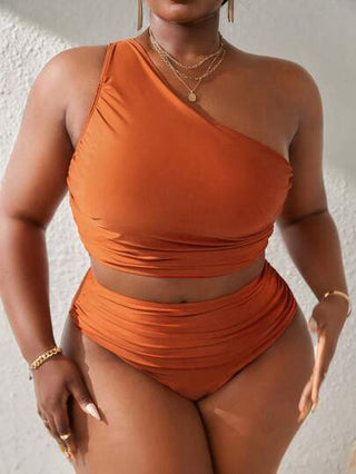 SHEIN Slayr CURVE مجموعة تانكيني واسعة الحجم للسيدات بلون صلب مع رش يمكن تجميعه على الكتف الواحد لإرتداء ملابس السباحة طوال فترة الإجازة