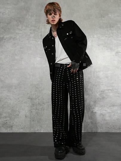 Manfinity Denimwave جينز رجالي أسود بتطريزات ممتدة بشكل واسع وطرف باجي، مثالي للمهرجانات الموسيقية، والفعاليات الشارعية، والأنشطة الخارجية، والحفلات، مثالية للرجال الذين يبحثون عن أساليب واسعة الساقين فريدة وتريندي متألقة.