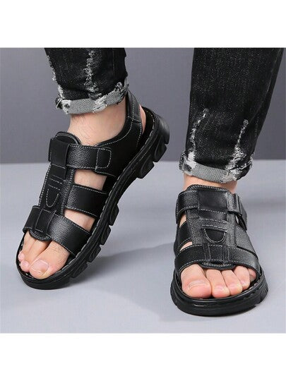 صنادل رجالية من الجلد 2024 جديدة ذات كب وحلقة مضادة للانزلاق وقاعدة ناعمة وقابلة للتنفس ، نعال صيفية للمتوسطي العمر والمسنين