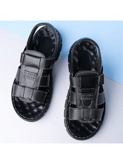 صنادل رجالية من الجلد 2024 جديدة ذات كب وحلقة مضادة للانزلاق وقاعدة ناعمة وقابلة للتنفس ، نعال صيفية للمتوسطي العمر والمسنين