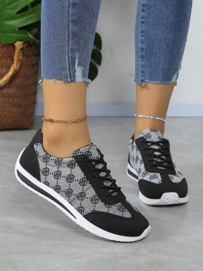 أحذية نسائية مسطحة بنمط زهور محبوكة ومقدمة دائرية مربوطة برباط، حذاء رياضي ريتروستايل ربيعي خريفي بنسيج الجينز الأسود