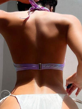 طقم تانكيني حريمي Swim ملابس علوية بيكيني الرباط زينت بلآلئ ليزر رائعة لإجازة صيفية على الشاطئ أو حمام السباحة