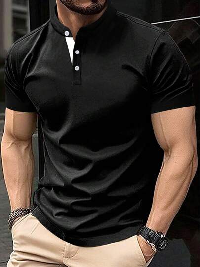 Manfinity Homme قميص بولو صيفي عارض للرجال بأكمام قصيرة وياقة ستاند صلبة اللون