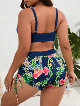 Swim Lushoire طقم بكيني بصدرية وشورت سباحة بطبعات ملونة من الأزهار والطيور مقاس كبير للصيف