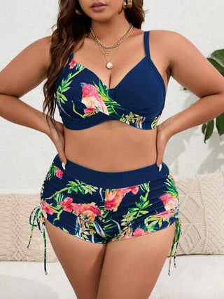 Swim Lushoire طقم بكيني بصدرية وشورت سباحة بطبعات ملونة من الأزهار والطيور مقاس كبير للصيف