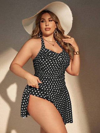 Swim Lushoire مايوه بقطعة واحدة ورقبة هالتر بطبعة النقاط للمقاسات الكبيرة للاستخدام في فصل الصيف، مناسب للارتداء في الشاطئ وحوض السباحة