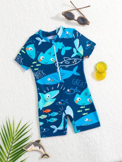بدلة سباحة قطعة واحدة بولو ربع سحاب صيفية للأطفال الرضع الصبي بطبعة كرتون قرش