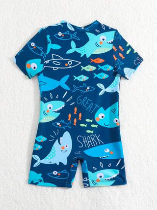 بدلة سباحة قطعة واحدة بولو ربع سحاب صيفية للأطفال الرضع الصبي بطبعة كرتون قرش