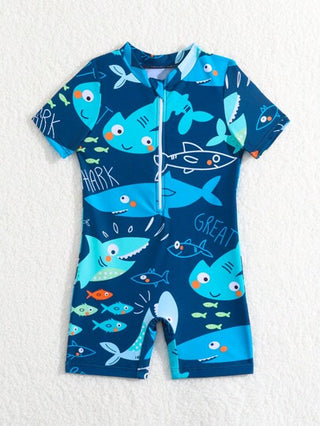 بدلة سباحة قطعة واحدة بولو ربع سحاب صيفية للأطفال الرضع الصبي بطبعة كرتون قرش