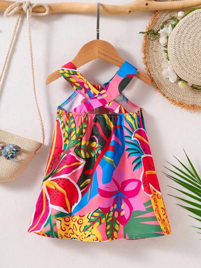 فساتين بيبي فستان كاجوال للأطفال الرضع برباط رقبة مطبوع بطبعات استوائية ملونة للفتيات