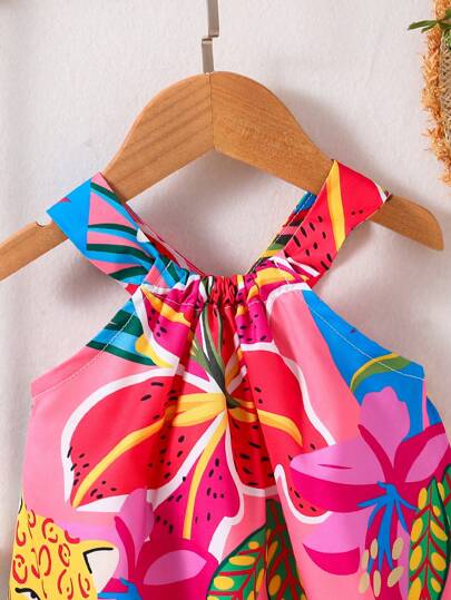 فساتين بيبي فستان كاجوال للأطفال الرضع برباط رقبة مطبوع بطبعات استوائية ملونة للفتيات