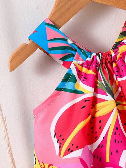 فساتين بيبي فستان كاجوال للأطفال الرضع برباط رقبة مطبوع بطبعات استوائية ملونة للفتيات