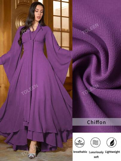 فستان بأكمام جرس وياقة ربطة صلبة