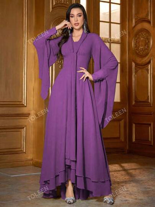 فستان بأكمام جرس وياقة ربطة صلبة