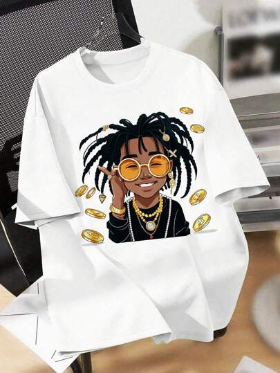 SHEIN تي شيرت عارضة صبي مطبوع عليها شخصيات كرتونية، رقبة دائرية، أكمام قصيرة عادية لفصل الصيف