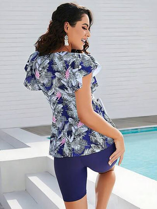 طقم تانكيني حريمي Swim Lushoire دعامة السباحة الكاملة مجموعة طبعة استوائية شاطئية صيفية، قميص سباحة بأكمام ليبلة وصندل قصير قطعتان لبدلة السباحة