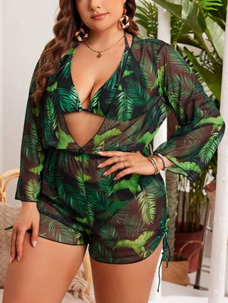 Swim Lushoire مجموعة بيكيني مطبوعة بأوراق الشاطئ ذات مقاس كبير لصيف مثالية للشاطئ وحمام السباحة، بمشد للغطاء العلوي، مناسبة للارتداء الشاطئي وحمام السباحة