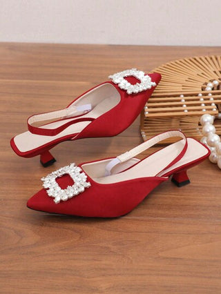 صنادل كعب عالي من الساتان الأحمر للنساء مزيّنة بحجر الراين للمناسبات الزفافية والاحتفالات