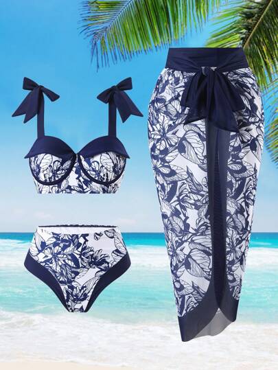 Swim Oasis طقم بكيني مطبوع عصري بخصر مربوط وسترة شاطئية مع صدرية وسراويل سباحة لأحجام كبيرة ، طقم بكيني عشوائي بطبعة زهور