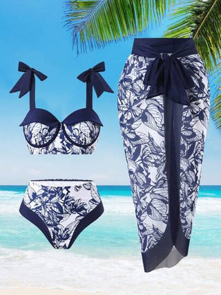 Swim Oasis طقم بكيني مطبوع عصري بخصر مربوط وسترة شاطئية مع صدرية وسراويل سباحة لأحجام كبيرة ، طقم بكيني عشوائي بطبعة زهور