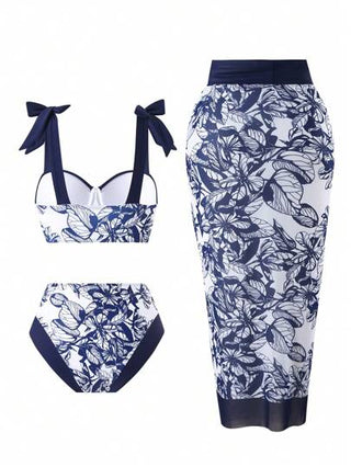 Swim Oasis طقم بكيني مطبوع عصري بخصر مربوط وسترة شاطئية مع صدرية وسراويل سباحة لأحجام كبيرة ، طقم بكيني عشوائي بطبعة زهور