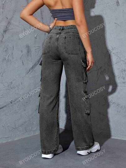 سروال جينز نسائي مستقيم ذو خصر عالي وعدة جيوب من نمط Y2K العصري للمرأة