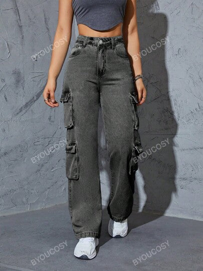 سروال جينز نسائي مستقيم ذو خصر عالي وعدة جيوب من نمط Y2K العصري للمرأة