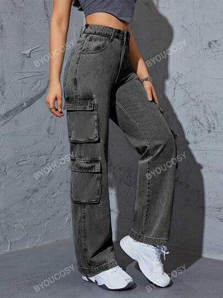 سروال جينز نسائي مستقيم ذو خصر عالي وعدة جيوب من نمط Y2K العصري للمرأة