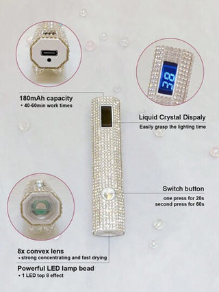 مصباح أظافر LED للشحن عن طريق USB مرصع بالألماس ومحمول يدوياً بشاشة LCD، مجفف أظافر دقيق محمول بزخرفة بيضاوية بيضاء ماسية لطلاء الأظافر الجل، 8 قطعة فعالة من حبيبات مصباح ال LED ، مصباح مكبر 8 مرات زجاجي يجفف الأظافر بسرعة وكفاءة عالية مصباح الأظافر