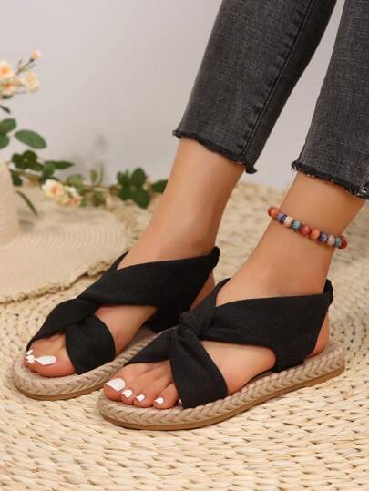 صنادل كاجوال خارجية مفتوحة للنساء مصنوعة من القماش مجدول