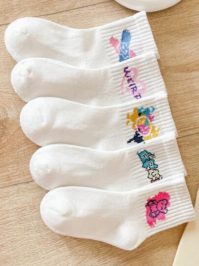 5 أزواج من جوارب الطاقم الكرتونية البيضاء للأطفال، للأعمار 1-12 سنة ، للفصول الأربعة ، الربيع/الخريف
