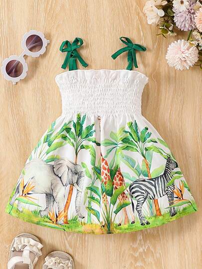 فساتين بيبي فستان صيفي للأطفال الرضع بناتي بطبعة الفيل والحمار الوحشي المريحة وبدون اكمام