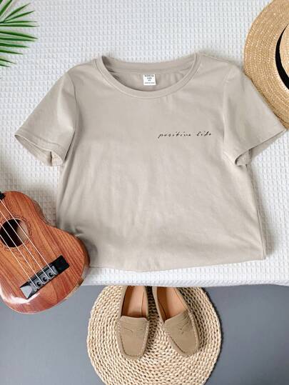 تي شيرت صيفي بياقة طاقم للأولاد بأكمام قصيرة مطبوع بتصميم عطلة الصيف