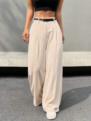 EZwear سروال واسع باليابس البني ذو حزام خصر عالي وطيات للنساء للإرتداء العارض والكاجوال