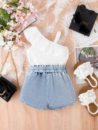 SHEIN مجموعة ملابس علوية راقصة أنيقة وردية للأطفال الرضع على الطراز الشارعي بلون صلب و طوق بساط بدنيم، الصيف